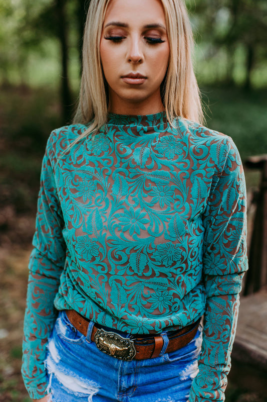 Tooled Mesh Top - Turquoise