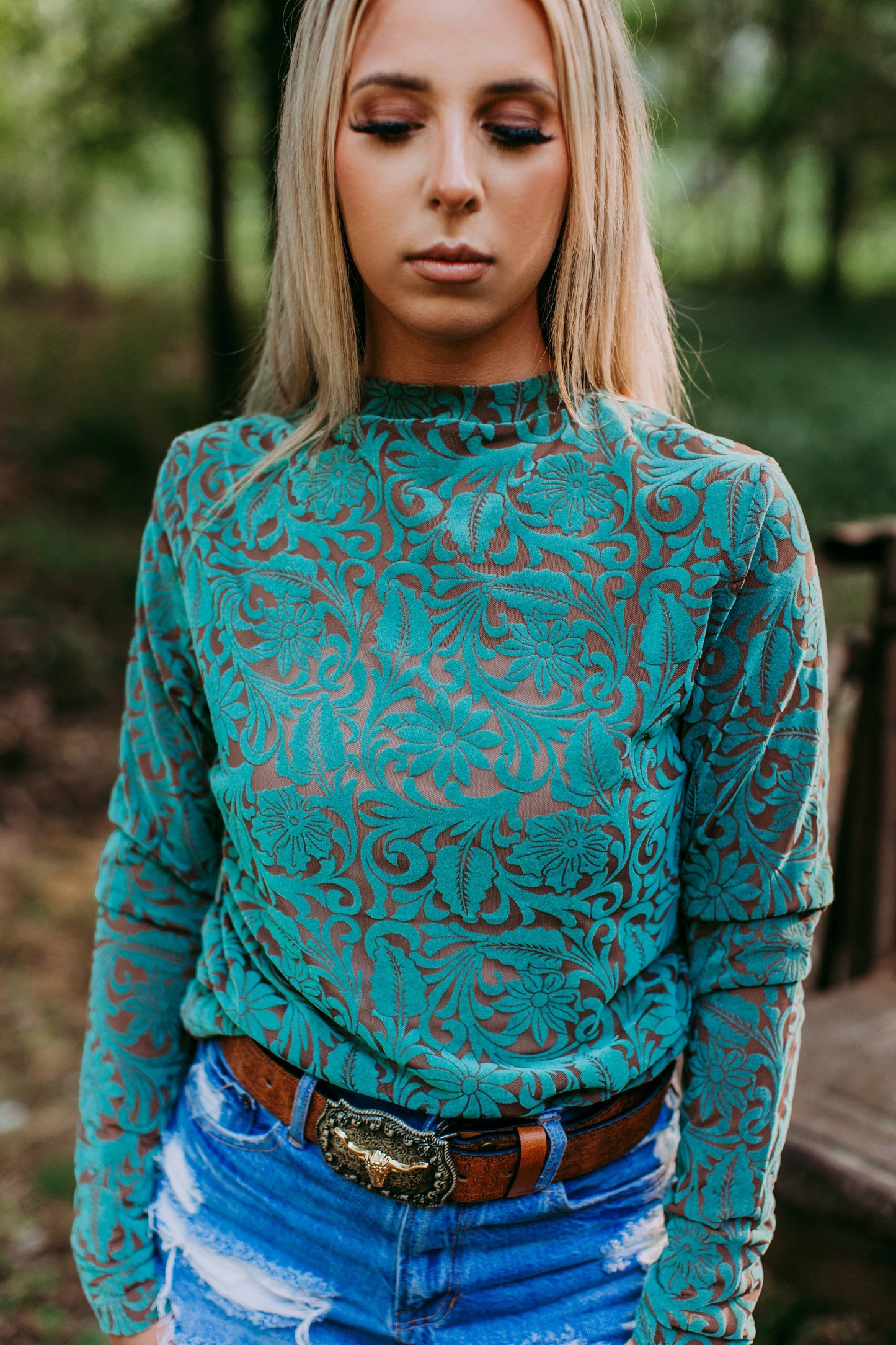 Tooled Mesh Top - Turquoise