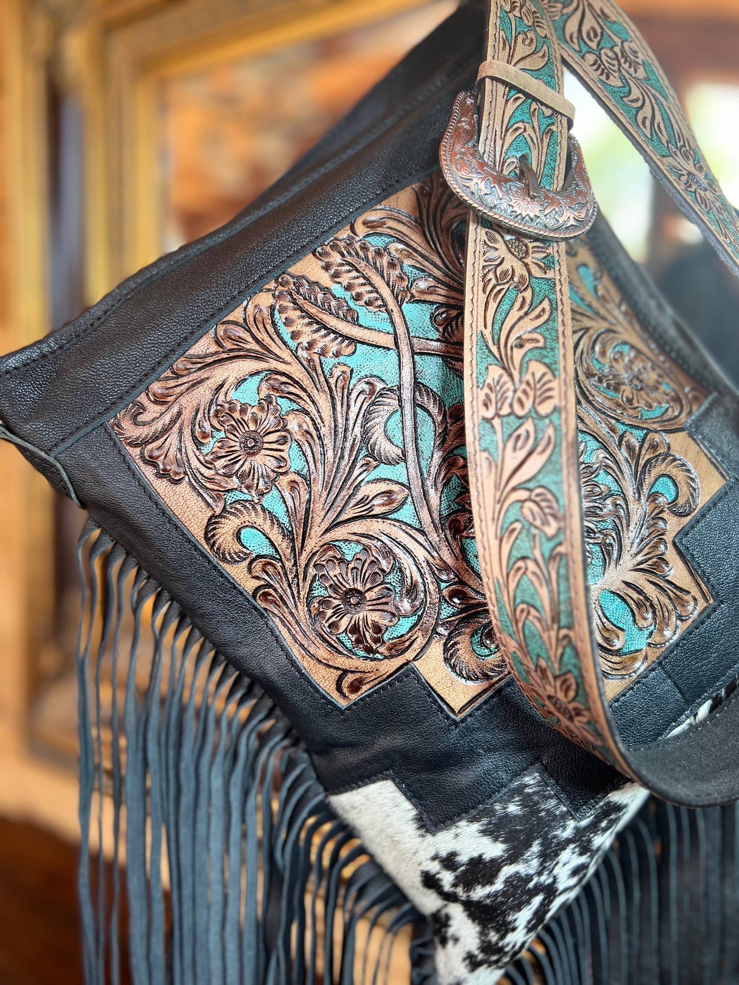 Cowhide & Tooled Leather Belt Buckle Purse