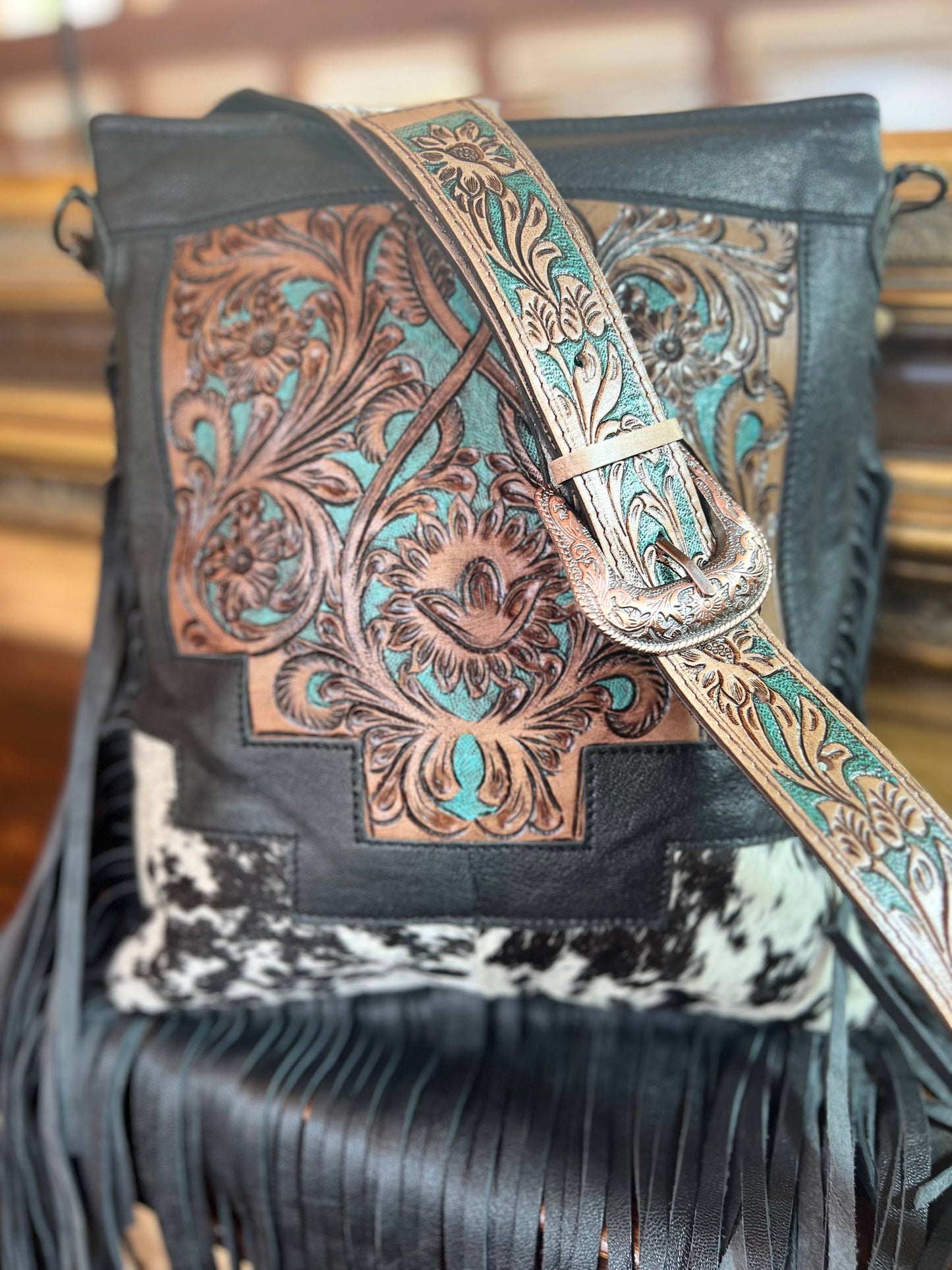 Cowhide & Tooled Leather Belt Buckle Purse